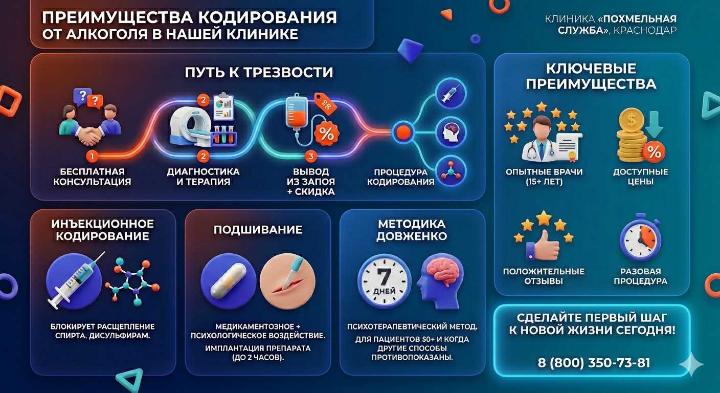 Инфографика о методах кодирования от алкоголя в Кировске: инъекции, подшивание, метод Довженко. Преимущества клиники и этапы лечения.